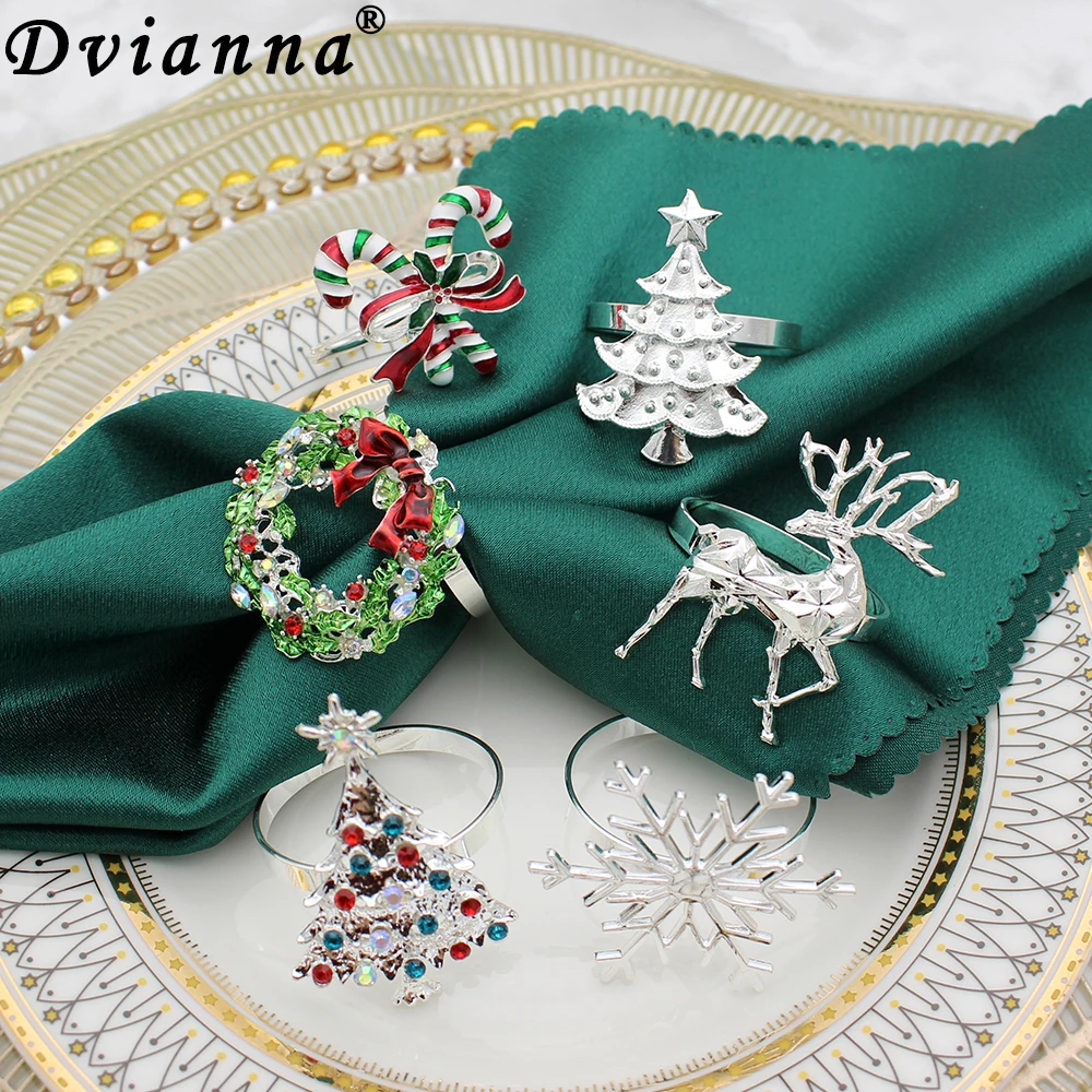 

6Pcs Christmas Napkin Rings Silver Snowflake Deer Xmas Tree Rhinestone Wreath Napkin Buckles Holder Rings for Table Decorations