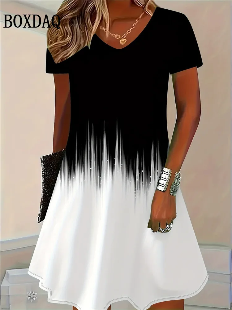 Gradiënt Print Jurken Voor Vrouwen 2023 Nieuwe Mode Plus Size Kleding Zomer Casual V-hals Korte Mouw Losse Midi Jurk Vrouwelijke