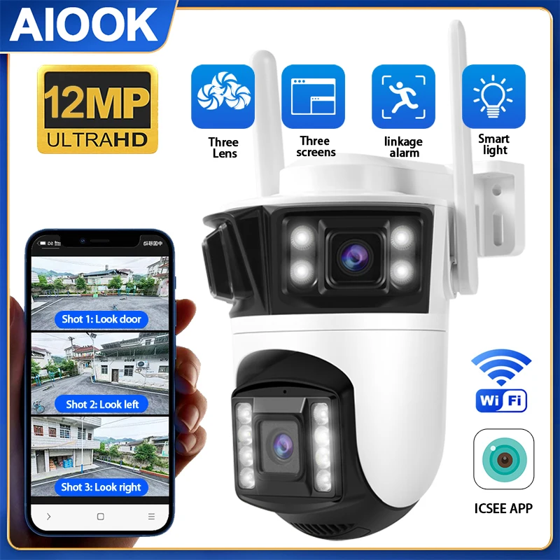 AIOOK กล้องกันน้ํากลางแจ้ง 3 เลนส์ HD 12MP 4K WIFI กล้อง 2 WAY Intercom Night Vision IP กล้องวงจรปิดการติดตามมือถือ ICSEE กล้อง