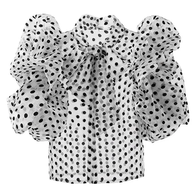 French Temperament Vintage Polka Dot Bow Lacing Up Chiffon Blouse Women Elegant Short Puff Sleeve Slim Shirt Tops s614