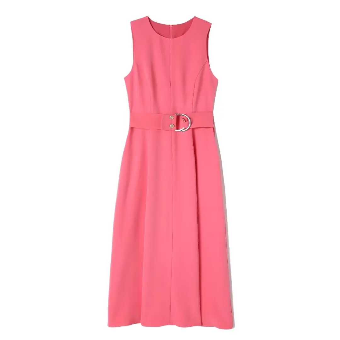 

European and American women's clothes 2024 spring new Round neck Sleeveless pink metal buckle belt Fashion pleated dress XXL