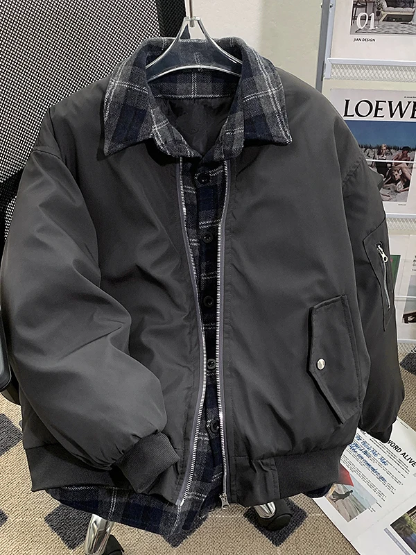 

Thiened Plaid Splicing Fce Lined Cotton Jaet Men's Winter American Design Workwear Sle Outerwear Casual Youth Faion