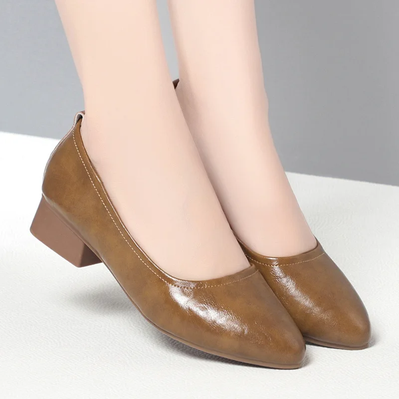 

Дышащие туфли высшего качества из натуральной кожи с острым носком, 3 см, женские лоферы, осень 2023 года, туфли на квадратном каблуке Shos Mom Dress Court