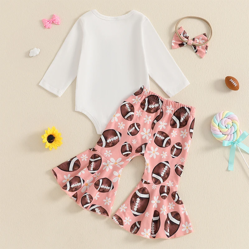 Infant Girls Autumn Ensemble Soccer Logo Patterned Long Sleeve Jumpsuit Bell-bottom Trousers Ribbon Headband Clothing Set