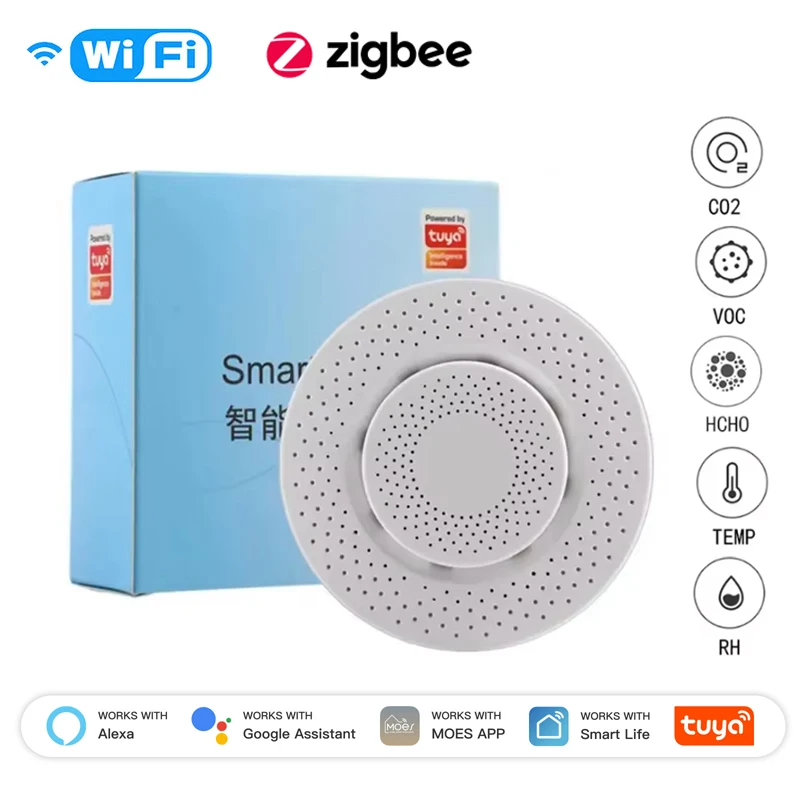 Tuya Zigbee/WiFi Smart Air Quality Sensor Smart Air Box CO2 Meter Formaldehyde VOC Temperature Humidity Sensor Via Alexa Google