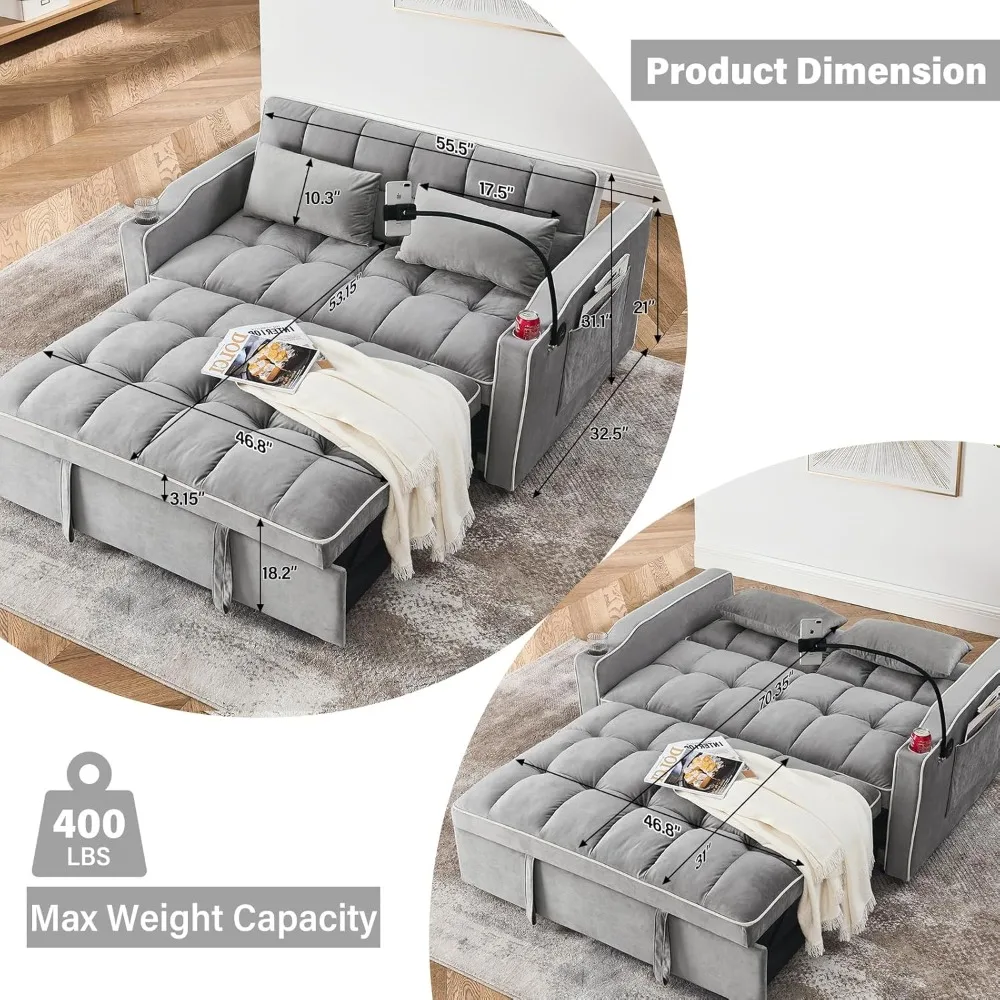 Convertible Sofa Bed,3-in-1 Velvet Sleeper Couch Pull-Out Bed,55'' Loveseat Sleeper Sofa Bed with Adjustable Backrest