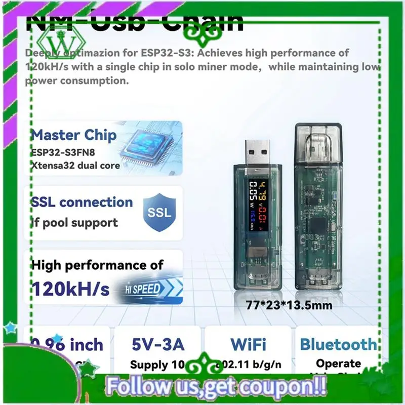 Reliable-Nmminer Miner 117KH/S USB Chain ESP32 Crypto Miner With Adapter BTC Solo Lottery Miner Ammeter USB-A Series Form Chain
