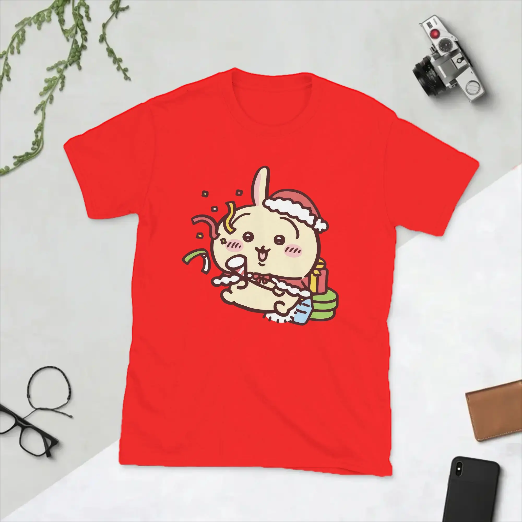 Santa Chiikawas Usagi Merry Christmas T Shirts Men Pure Cotton Novelty T-Shirt Round Collar  Tee Shirt Short Sleeve Tops Summer