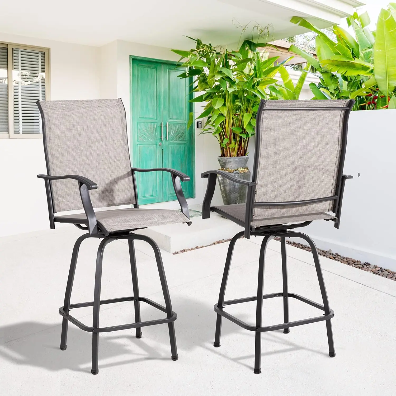 2 Piece Patio Swivel Bar Chairs, All Weather Metal Textile High Swivel Bar Stools Chairs, Outdoor High Top Bistro Set