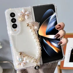 for Samsung Galaxy Z Fold 4 3 2 Case for Women Luxury Handmade Sparkle Pearl Strap Chain Diamond Bling Glitter Cover Z Fold 5 6