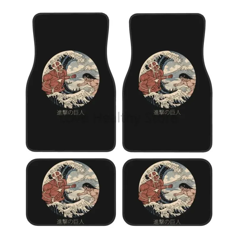 Great Wave Off Kanagawa Eren Car Floor Mats Set of 4 Pcs Attack On Titan Front and Rear Foot Mats Auto Accessories Universal
