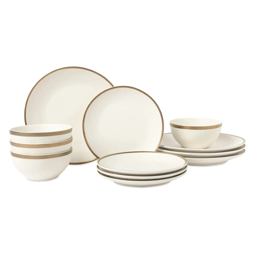 12-Piece Stoneware Dinnerware Set, Round Plates and Bowls Set