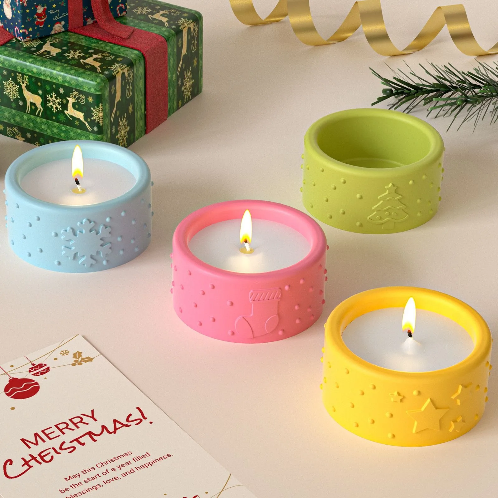 INS Style Christmas Embossed Silicone Mold 4-Grid round Candle Cup with Aromatherapy Gypsum Cup Storage Box for Festival Decor