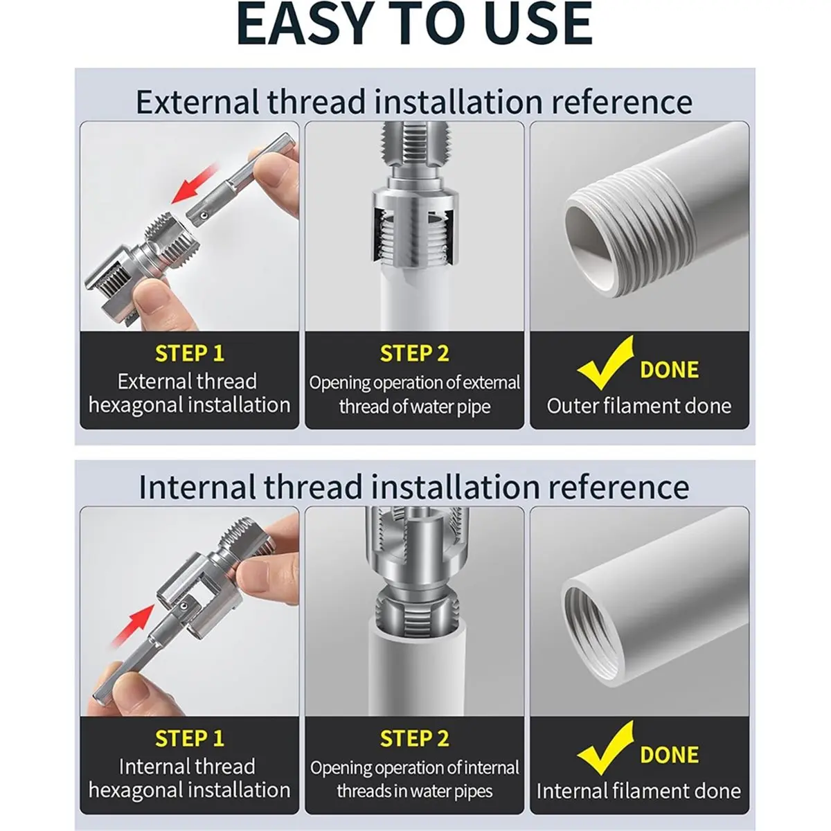

Набор инструментов для нарезания внутренней и внешней резьбы на трубах 1/2", 3/4", 1" из ПВХ, совместимый с дрелью, для сантехнических работ