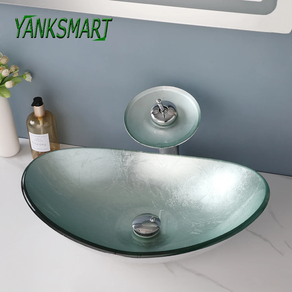 

YANKSMART Silver Art Oval Bowl Bathroom Tempered Glass Sink Faucet Washbasin Bath Vanity Mixer Water Tap Set W/ Pop-up Drain