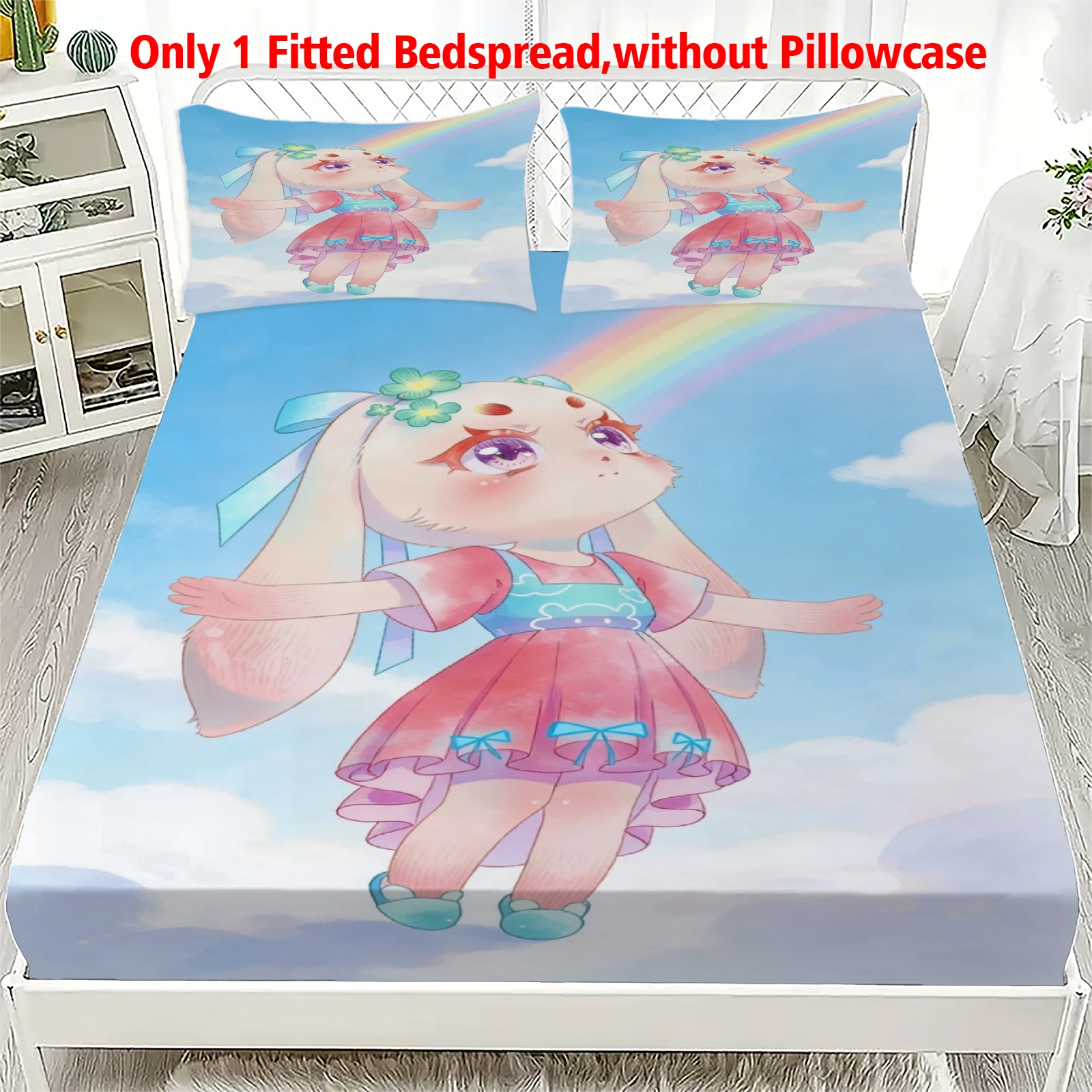 3pcs Fitted Sheet Set Soft Fluff Town Lulu-Sleepy Bunny Breathable Fitted Sheet Set for Home Decor with 2 Pillowcases For Kids