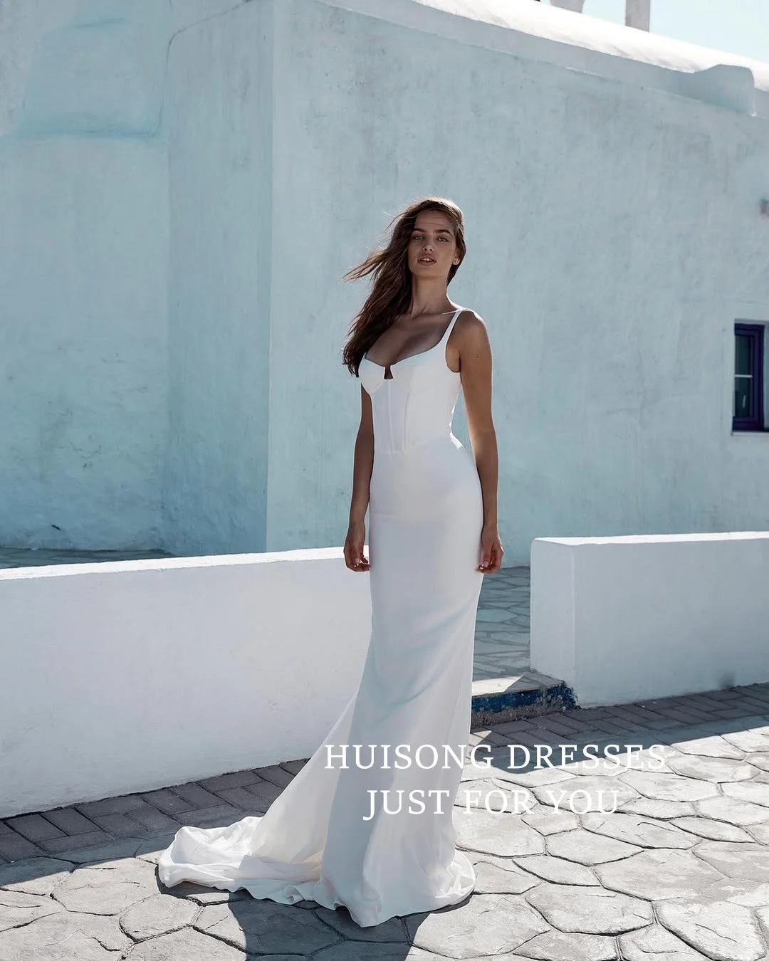 

HUISONG Customized свадебное платье Satin Mermaid Wedding Dresses Spaghetti Straps Sleeveless Beach Bridal Gown