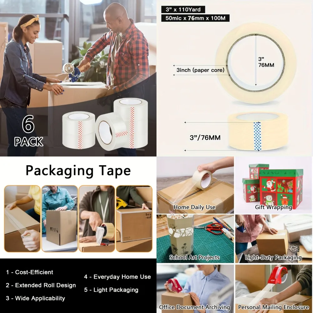 3-inch transparent tape [6 rolls, 110Yard, 2mil thickness], sticky, waterproof, good sealing, logistics packing moving and trans