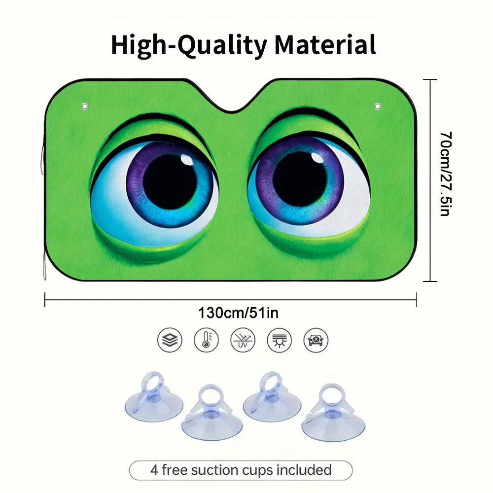 1pc 2D Flat Green Monster Eyes Car Sunshade - Stylish & Efficient, Includes 4 Suction Cups, Foldable For Easy Storage, Keeps You