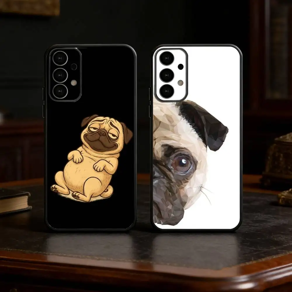 Capa de Telefone Engraçada com Desenho de Cachorro Pug para Samsung S25,24,23,22,30,21,10,9,Ultra,Plus,Lite, Capa Macia Preta