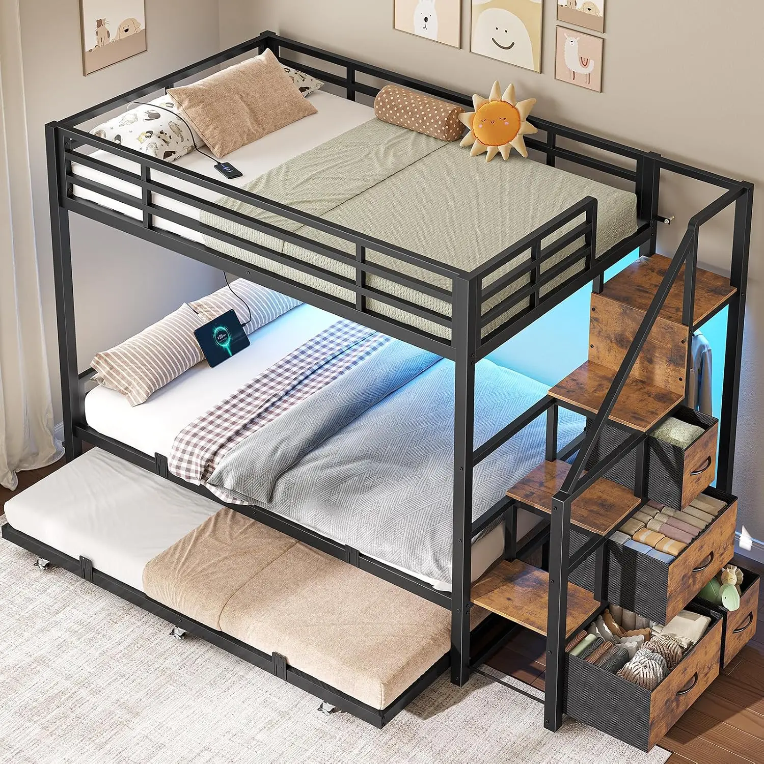 Bunk Bed with Trundle and Staircase Storage, Twin Over Twin Metal Bunk Bed with 4 Drawers, Charging Station & LED, Customized