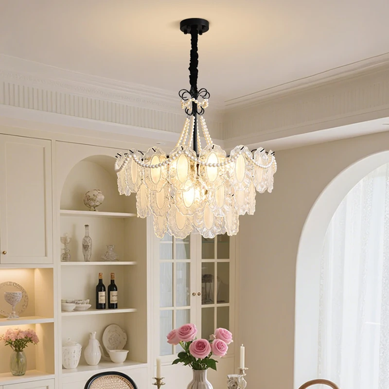 프랑스 레트로 진주 유리 샹들리에 북유럽 럭셔리 크리스탈 펜던트 조명 포스트 모던 거실 식탁 조명 장식