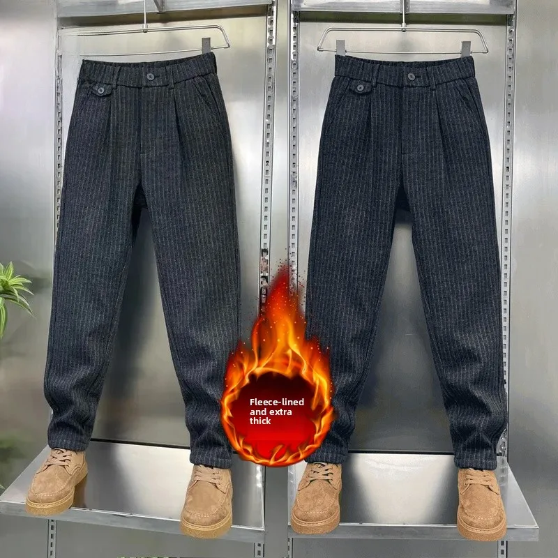 

Мужские модные утепленные брюки с начесом, приталенные, повседневные, осенне-зимние, деловые, эластичные, прямые штаны
