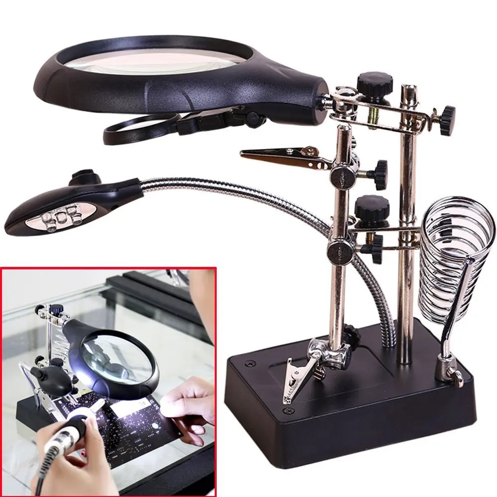 Welding Magnifying Glass LED Auxiliary Clip Loupe Magnifier 3 In1 Hand Soldering Solder Iron Stand Holder Station