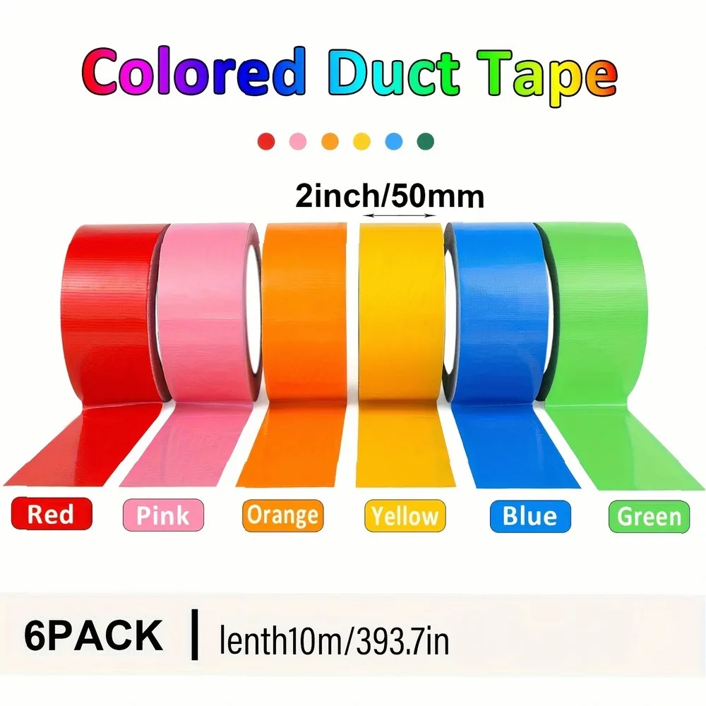 6Pcs Colorful Cloth Duct Tape Heavy Duty Rubber Adhesive Multi-Colors Blue Pink Yellow Green Orange Red for DIY Crafts