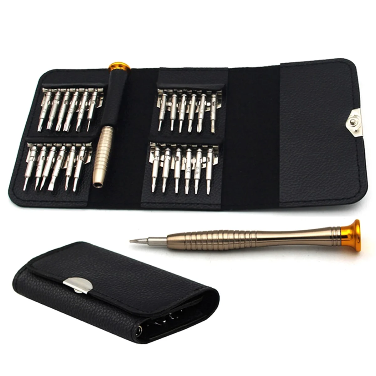 Tools 25-In-1 Leather Case with Pentagonal Multi-Purpose Mobile Phone Precision Watch Glasses Aluminum Screwdriver Set