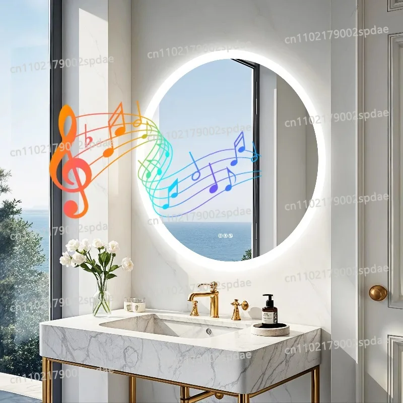 32 Inch Round Wall Mount Bathroom Vanity Mirror Dimmable 3 Color Ambient Lighting Anti Fog Mirror with Bluetooth Speaker