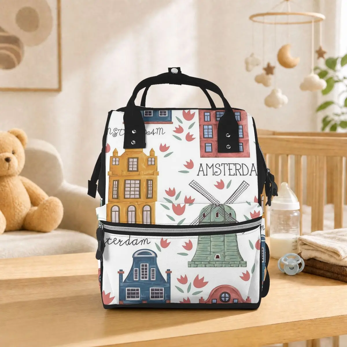 Amsterdam. Seamless Pattern With Old Historic Buildings Student Backpack School Bag Hiking Travel Daypack for Men Women Bookbag