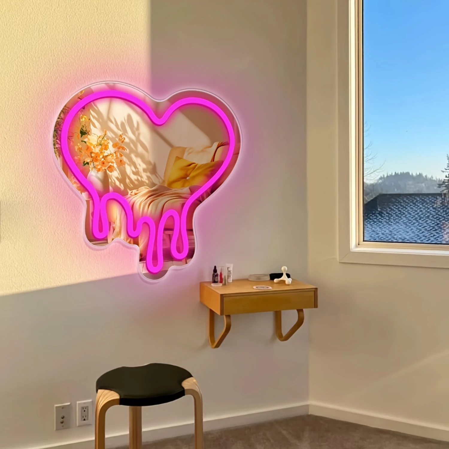 Gorgeous Heart-Shaped Makeup Mirror - USB Powered Neon Light Wall Decoration Logo for Stunning Room Decor - One-of-a-Kind Beauty