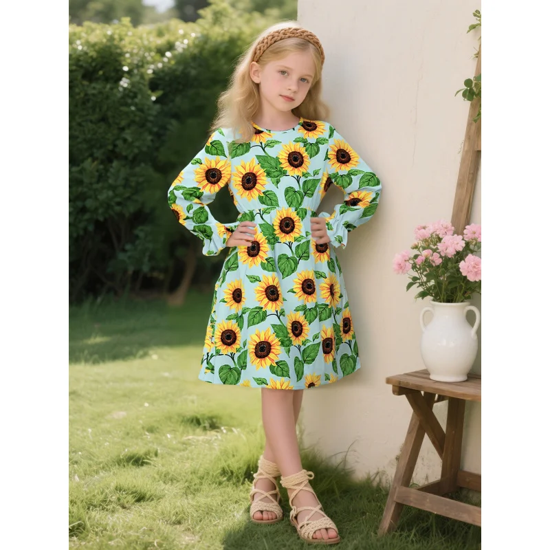 2025 New Style Girls' Fresh Sunflower Print Long-sleeved Children's Dress