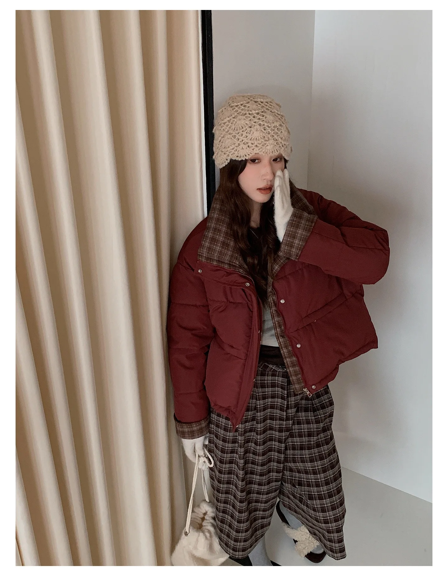 American Plaid Patchwork Puffer Jacket Women Winter Thick Stand Collar Short Parkas Woman Korean Casual Preppy Style Outerwear