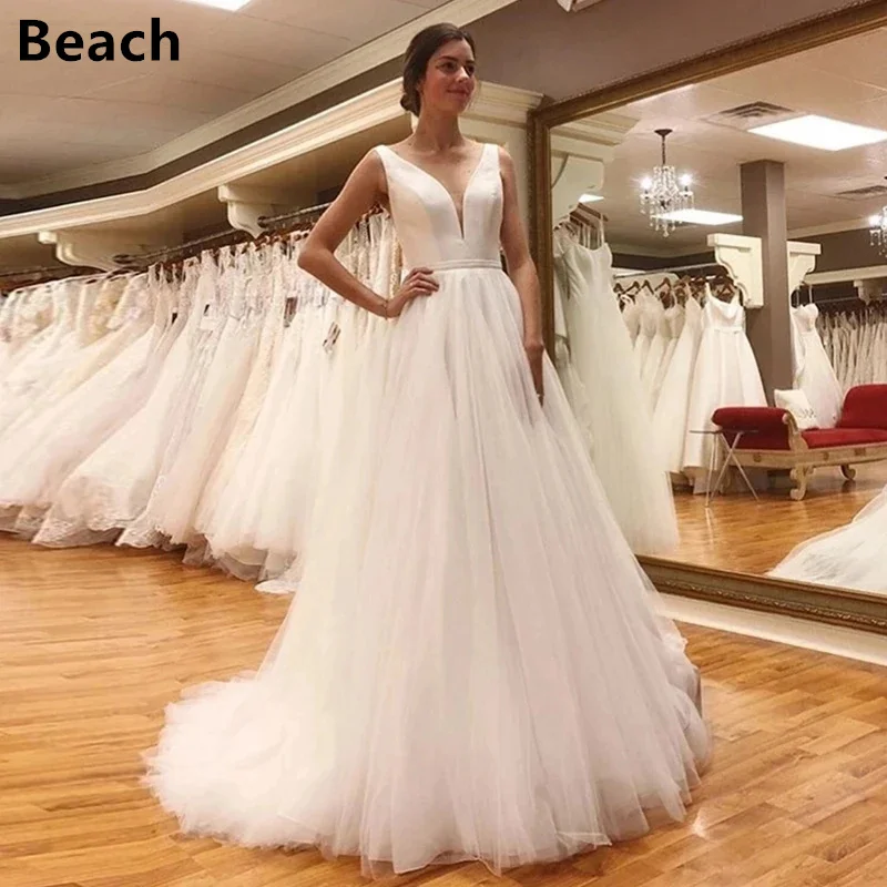 

Elegant A-line Tulle Wedding Dresses 2024 Sexy Backless Sash V-neck Vestidos De Novia Court Train Bohemian Suknia Slubna