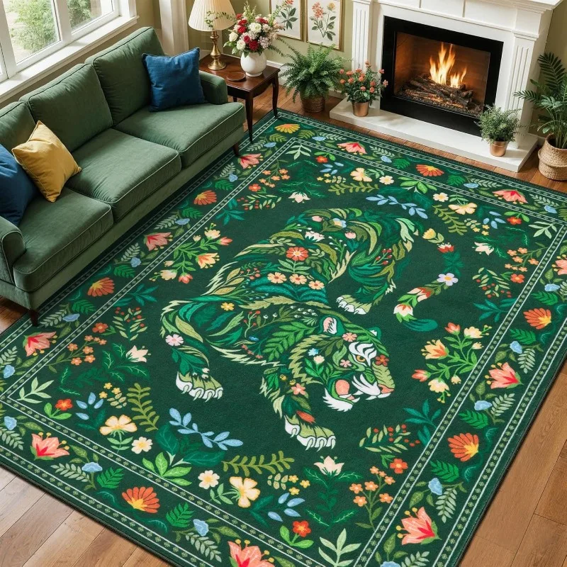 Green Botanical Tiger Floral Area Rug Boho Jungle Animal Print Non-Slip Soft Indoor Carpet Living Room Bedroom Home Decor Mat