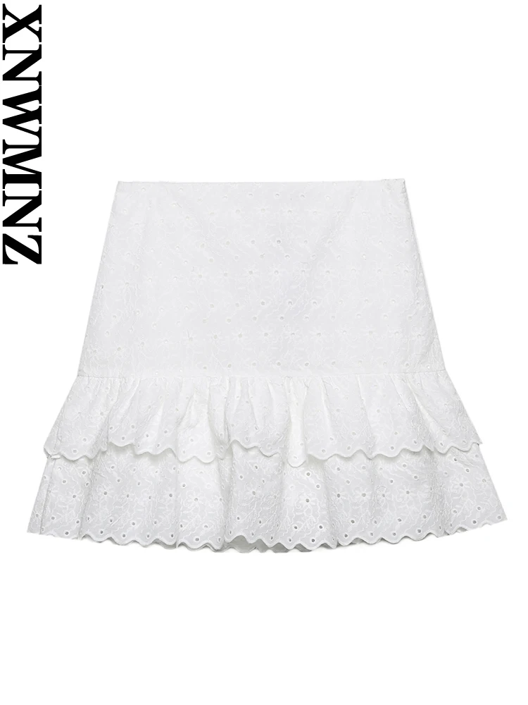 

XNWMNZ summer woman fashion high waist cutwork embroidery ruffled skort women skirts or v-neck thin straps embroidered crop top