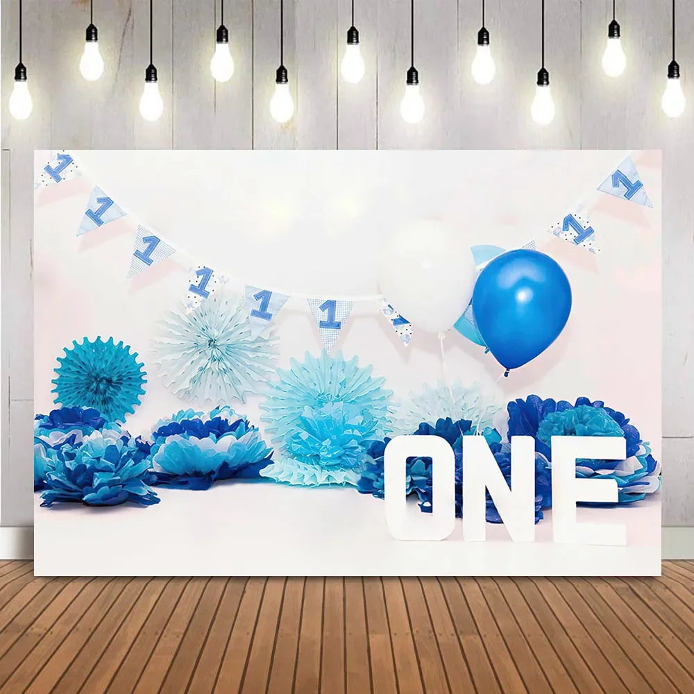 

1st Birthday Blue Paperflower Backdrop for Boys Newborn Kids Photography Props Baby Shower Cake Smash one year birthday first