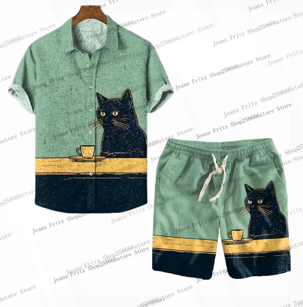Men's Cat Graphics Shirts Short Sleeve Shirt For Summer 3D Printing Oversized 2Pcs Sets Casual Hawaiian Shirts +Shorts