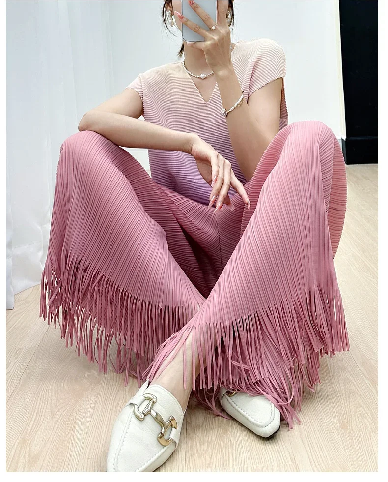 ALSEY Miyake Pleated Simple Tassel Straight Pants For Women Autumn New Solid Color Elegant Elastic Waist Wide Leg Trousers