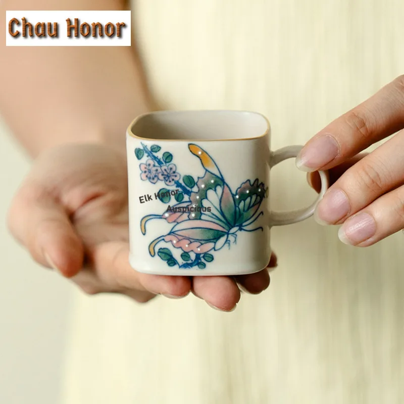 

75ml Hand-painted Butterfly Square Handle Teacup Tea Bowl Single Cups Tea-tasting Meditation Cup Chazhan Master Cups Tableware