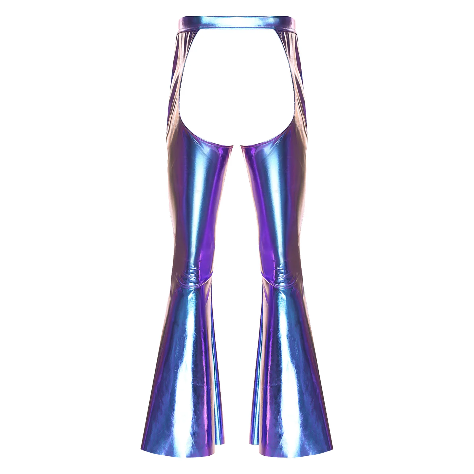 

Mens Lingerie Open Crotch Metallic Chaps Flared Pants Elastic Waistband Bell-Bottom Trousers Club Stage Performance Costume