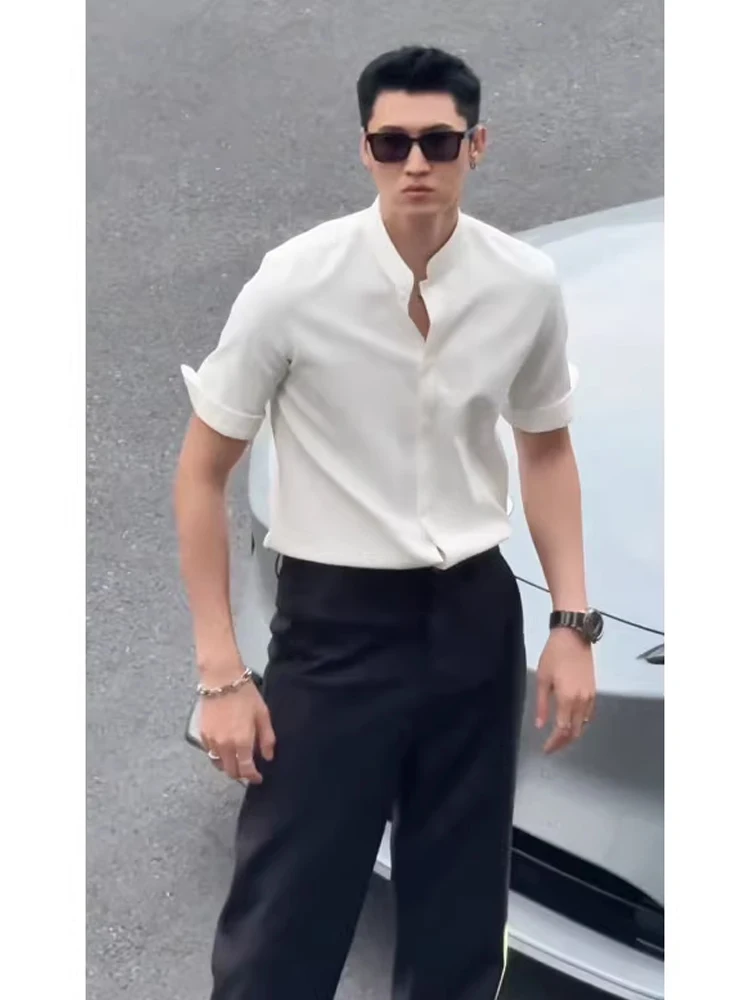 

Ice Silk Short Sleeve Shirt Men's Slim Fit Summer Stand Collar Seven-Quarter Length Chinese Style Maturity Fashionable Youth