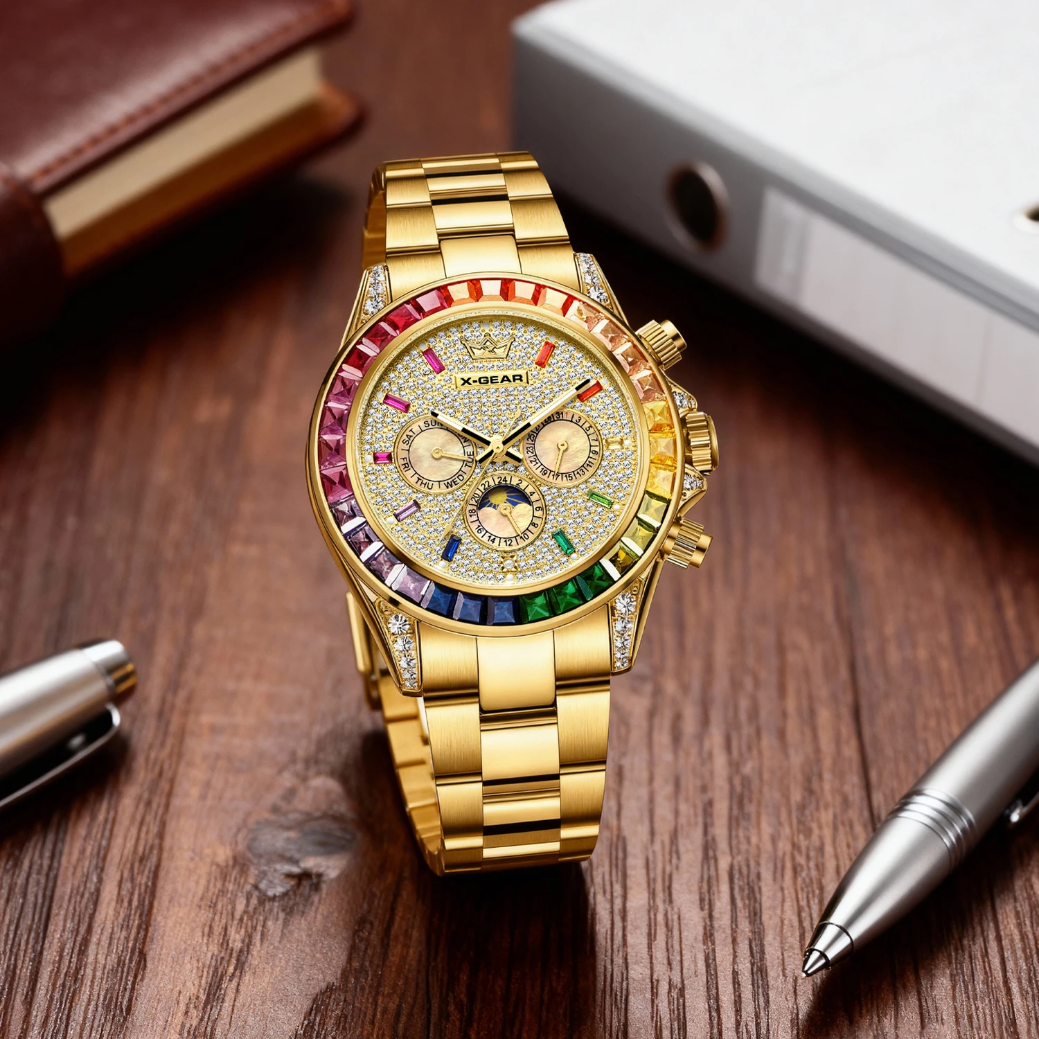 ساعة X-GEAR الفاخرة الأوتوماتيكية الميكانيكية للرجال مع مرحلة القمر، قرص كبير، مقاومة للماء، لون ذهبي، ساعة مضيئة