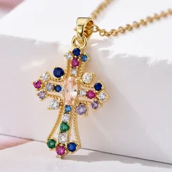 2023 New Shiny Colorful Zircon Decorated Cross Pendant Necklace Retro Palace Style Suitable for Holiday Banquet Parties