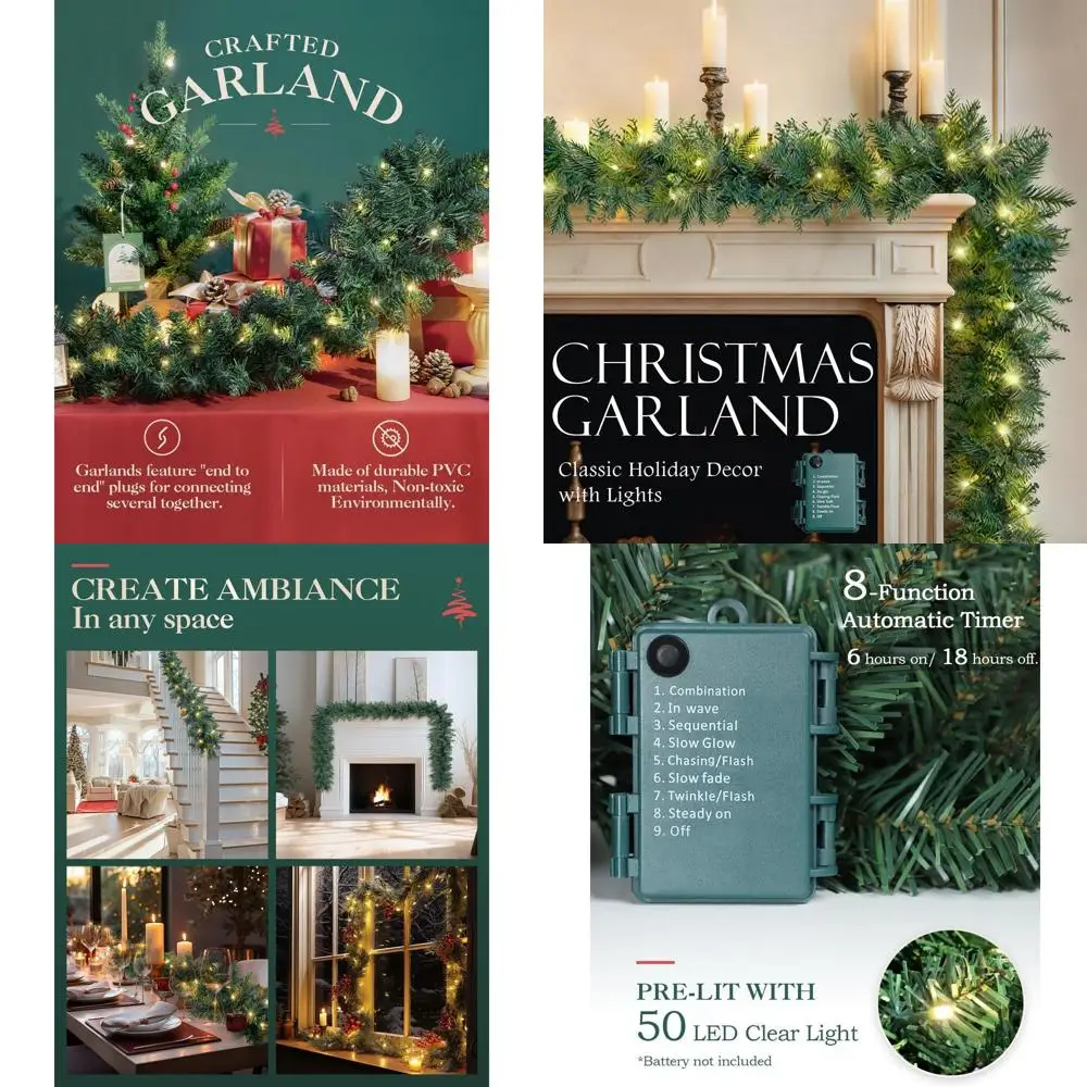 

Battery-Powered 9FT Lighted Christmas Garland, Artificial Holiday Decor for Indoor Stairs, Doors, and Fireplaces