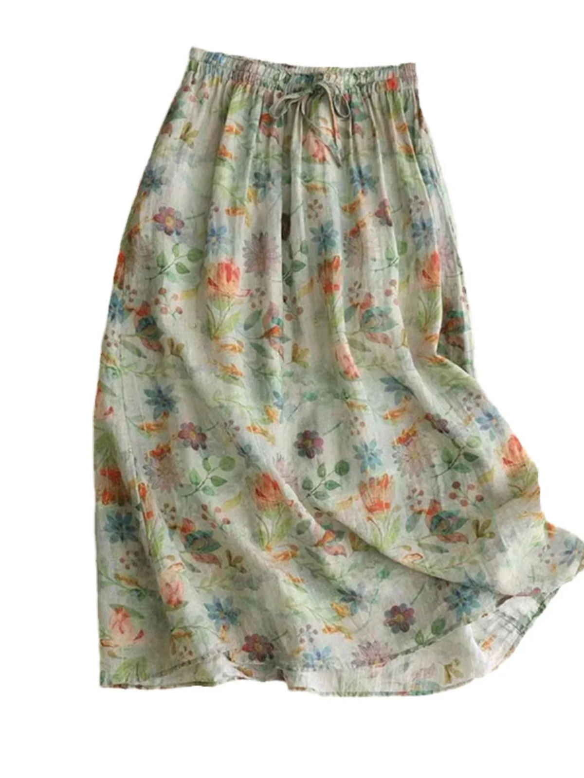 تنورة ميدي عالية الخصر على شكل حرف a من القطن والكتان بطبقة مزدوجة مطبوعة بالزهور تنورة فنية f للسيدات لصيف 2023