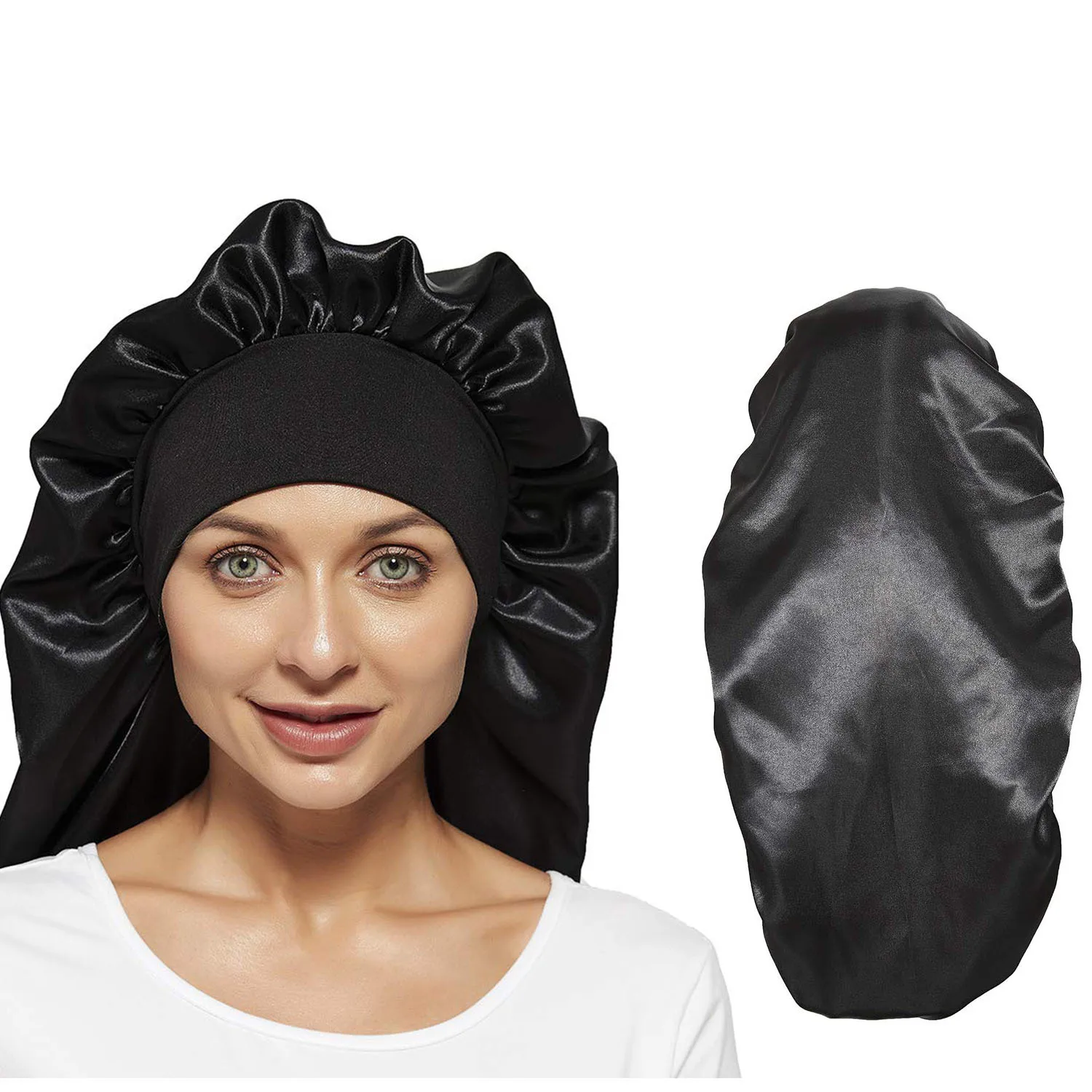 

New Imitation Silk Long Cap Amazon Hot Sale Stretch Wide-brimmed Nightcap Hair Cap