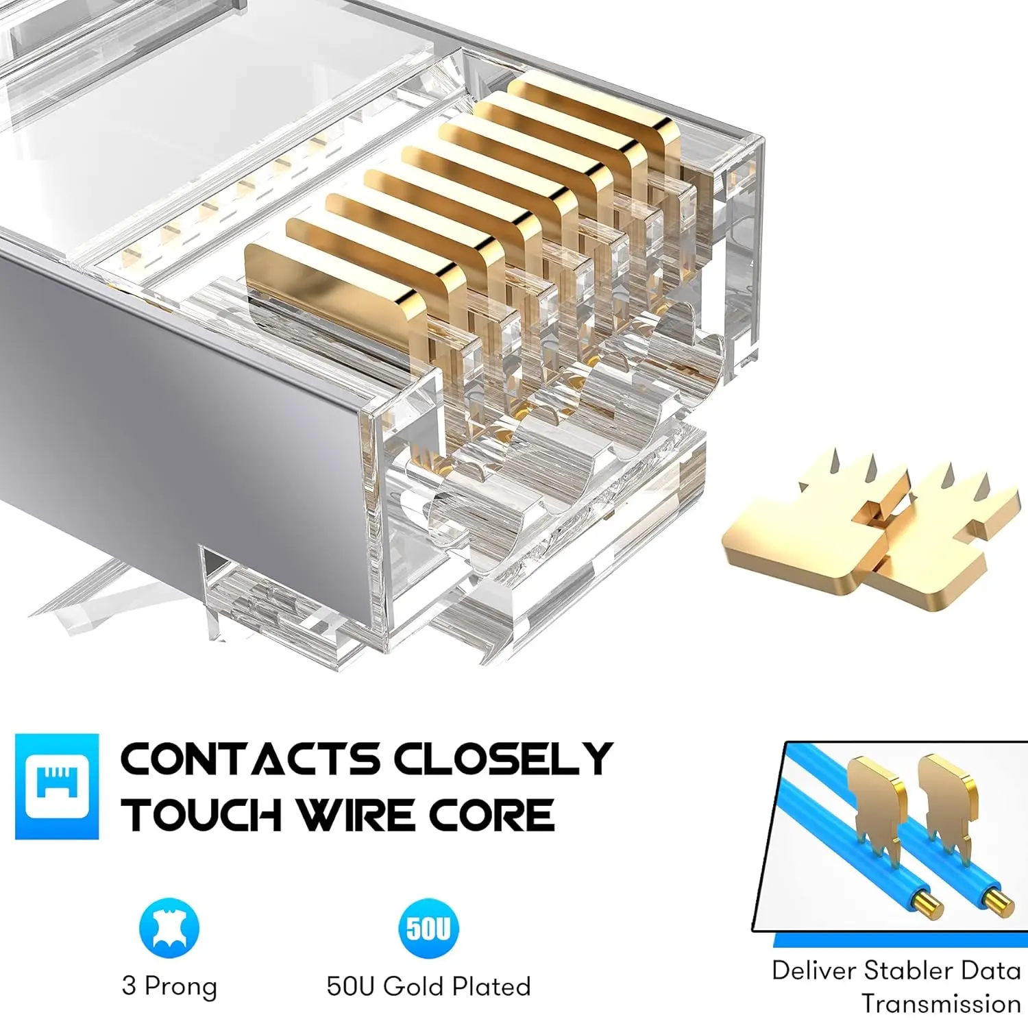 ZoeRax 50er-Pack abgeschirmte RJ45 Cat7 Cat6A Pass-Through-Steckverbinder – 3-poliger 8P8C 50U vergoldeter 2-teiliger Ethernet-Kabelstecker